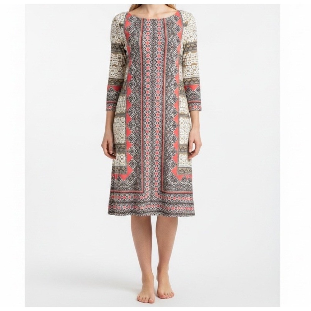 London Times Dress Womens 12 Geometric Tribal Print 3/4 Sleeve Shift Boho Midi